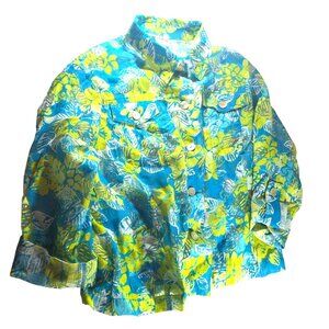 Tropical Print Button Up shirt blouse Ruby Rd.  Sz 14 Blue Green vacation floral
